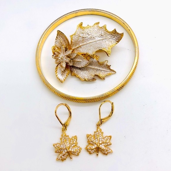Vintage Leaf Earrings Bracelet & Monet Bangle - Picture 3 of 8